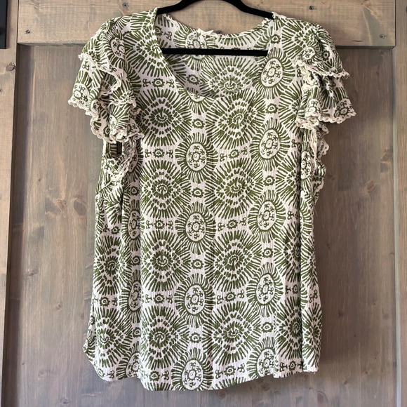 Haute Hippie Women's 1X‎ Green Boho Medallion Print Peasant Flutter Top Blouse - Picture 1 of 8